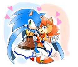 Size: 1414x1224 | Tagged: safe, artist:drawloverlala, kaito shion (vocaloid), meiko sakine (vocaloid), princess sally acorn (sonic), sonic the hedgehog (sonic), chipmunk, hedgehog, mammal, rodent, anthro, archie sonic the hedgehog, sega, sonic the hedgehog (series), vocaloid, 2015, clothes, cosplay, costume, crossover, cyan eyes, duo, female, green eyes, kaimei (vocaloid), male, male/female, quills, shipping, sonally (sonic)