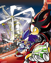 Size: 670x827 | Tagged: safe, artist:lightmega777, shadow the hedgehog (sonic), sonic the hedgehog (sonic), hedgehog, mammal, anthro, sega, sonic adventure 2, sonic the hedgehog (series), 2009, aircraft, chaos emerald, duo, duo male, green eyes, handcuffs, helicopter, male, males only, quills, red eyes, vehicle