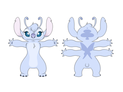 Size: 2828x2121 | Tagged: safe, artist:solosandwich, oc, oc only, oc:chamille (solosandwich), alien, experiment (lilo & stitch), fictional species, semi-anthro, disney, lilo & stitch, 2016, 4 arms, 4 fingers, antennae, back marking, chest fluff, claws, digital art, ears, female, fluff, freckles, fur, head fluff, high res, lip piercing, occipital marking, periwinkle fur, piercing, purple nose, reference sheet, short tail, simple background, sketch, solo, solo female, standing, tail, teal eyes, torn ear, two toned antenna, white background