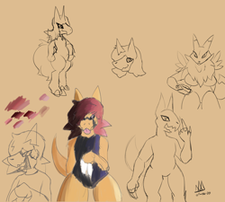 Size: 4000x3600 | Tagged: safe, artist:almaustral, oc, dragon, fictional species, renamon, anthro, digitigrade anthro, digimon, breasts, clothes, featureless breasts, female, line art, one-piece swimsuit, signature, sketch, swimsuit