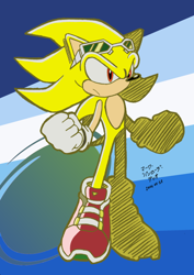 Size: 550x779 | Tagged: safe, artist:rapid-the-hedgehog, sonic the hedgehog (sonic), hedgehog, mammal, anthro, sega, sonic riders, sonic the hedgehog (series), 2006, abstract background, amber eyes, clothes, fist, frowning, glasses, glasses on head, gloves, japanese text, male, quills, red eyes, sneakers, solo, solo male, standing, sunglasses, super sonic, two toned body