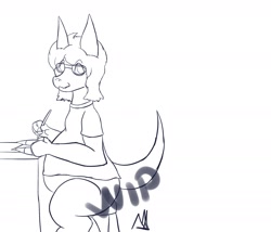 Size: 2100x1800 | Tagged: safe, artist:almaustral, oc, oc only, dragon, fictional species, anthro, bottomless, clothes, drawing, glasses, line art, male, monochrome, nudity, partial nudity, signature, solo, solo male, work in progress
