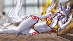 Size: 2000x1125 | Tagged: suggestive, artist:alanscampos, amaterasu (okami), canine, mammal, wolf, anthro, capcom, okami, 16:9, bed, belly button, black nose, blue eyes, body markings, bottomwear, breasts, clothes, deity, ear fluff, eyebrows, eyelashes, female, fluff, fur, hand on hip, looking at you, lying down, on side, pillow, smiling, smiling at you, solo, solo female, tail, topwear, wallpaper, watermark, white body, white fur, white tail, wide hips