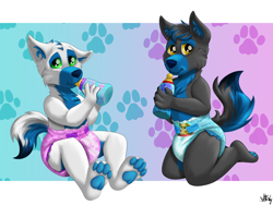 Size: 2400x1800 | Tagged: safe, artist:sneer, oc, oc only, oc:adagio, oc:presto, canine, dog, husky, mammal, anthro, baby bottle, babyfur, diaper, male, puppy, siblings, signature, twins, young