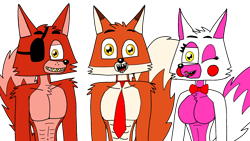 Size: 2048x1152 | Tagged: safe, artist:fxmaf, foxy (fnaf), mangle (fnaf), oc, oc:red, arctic fox, canine, fox, mammal, red fox, anthro, five nights at freddy's, 16:9, abs, belly button, bow tie, breasts, chest fluff, clothes, dipstick tail, eyepatch, eyeshadow, fangs, featureless breasts, female, fluff, fur, group, lidded eyes, lipstick, looking at you, makeup, male, muscles, necktie, one eye closed, orange body, orange fur, partial nudity, pink body, pink fur, red body, red fur, sharp teeth, shoulder fluff, simple background, tail, tail fluff, teeth, topless, transparent background, trio, two toned body, vixen, wallpaper, white body, white fur, yellow eyes