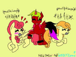Size: 1024x768 | Tagged: safe, artist:icey-wicey-1517, artist:sanjixxzoro, collaboration, golden harvest (mlp), strawberry sunrise (mlp), oc, oc:ramona, alicorn, earth pony, equine, fictional species, mammal, pegasus, pony, feral, friendship is magic, hasbro, my little pony, blushing, eyes closed, female, fetish, gag, mare, simple background, smiling, tape gag, tickle fetish, tickle torture, tickling, yellow background