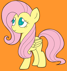 Size: 1617x1726 | Tagged: safe, artist:icey-wicey-1517, artist:pinkiepie6680, fluttershy (mlp), equine, fictional species, mammal, pegasus, pony, feral, friendship is magic, hasbro, my little pony, female, folded wings, looking away, looking up, mare, no pupils, orange background, simple background, smiling, solo, solo female, standing, wings