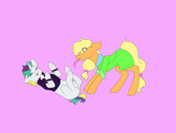 Size: 2828x2121 | Tagged: safe, artist:icey-wicey-1517, artist:lamiatalfryn, collaboration, applejack (mlp), rarity (mlp), earth pony, equine, fictional species, mammal, pony, unicorn, feral, friendship is magic, hasbro, my little pony, alternate hairstyle, clothes, crying, cute, eyes closed, feather, female, female/female, fetish, hair, high res, holding, hoof fetish, hoof tickling, laughing, mare, mouth hold, open mouth, pink background, punk, rarijack (mlp), scarf, shipping, simple background, spiked wristband, sweater, tears of laughter, teary eyes, tickling, topwear, wristband