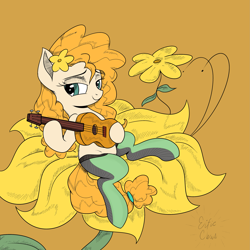 Size: 2449x2449 | Tagged: safe, artist:icey-wicey-1517, artist:katakiuchi4u, pear butter (mlp), earth pony, equine, fictional species, mammal, pony, feral, friendship is magic, hasbro, my little pony, 2018, acoustic guitar, bedroom eyes, brown background, buttercup, clothes, cute, female, flower, flower in hair, guitar, hair, hair accessory, high res, legwear, mare, micro, musical instrument, simple background, socks, solo, solo female, stockings, thigh highs