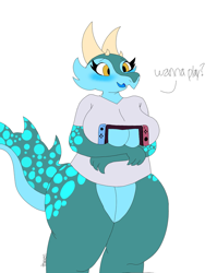 Size: 1631x2048 | Tagged: suggestive, artist:thixxen, oc, oc only, oc:azurea (thixxen), fictional species, kobold, reptile, anthro, big breasts, blushing, boob window, bottomless, breast hold, breasts, cleavage, clothes, crossed arms, dialogue, female, horns, nudity, open mouth, partial nudity, shirt, signature, simple background, slightly chubby, smiling, solo, solo female, spots, spotted butt, spotted tail, tail, talking, thick thighs, thighs, topwear, white background