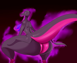 Size: 2048x1672 | Tagged: suggestive, artist:pokebii, fictional species, reptile, salazzle, anthro, nintendo, pokémon, big breasts, big butt, blushing, breasts, butt, colored sclera, crouching, female, gradient background, looking at you, looking back, looking back at you, low angle, nudity, purple sclera, rear view, sideboob, slit pupils, smiling, solo, solo female, tail