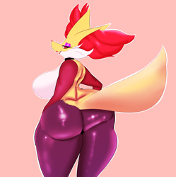 Size: 2000x2010 | Tagged: suggestive, artist:pokebii, delphox, fictional species, mammal, anthro, nintendo, pokémon, bedroom eyes, big breasts, big butt, breasts, butt, choker, ear fluff, eyeshadow, featureless breasts, female, fluff, hand on hip, high res, lipstick, looking at you, looking back, looking back at you, makeup, nudity, open mouth, pink background, raised tail, rear view, sideboob, simple background, smiling, solo, solo female, starter pokémon, tail, thick thighs, thighs
