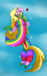 Size: 1447x2325 | Tagged: suggestive, artist:ss2sonic, lady rainicorn (adventure time), equine, fictional species, mammal, rainicorn, anthro, adventure time, cartoon network, black sclera, blushing, breasts, butt, cloud, colored sclera, featureless breasts, female, flying, hair, heart, horn, long body, looking at you, love heart, mane, nudity, open mouth, sky, smiling, solo, solo female, sparkles, tail, white eyes