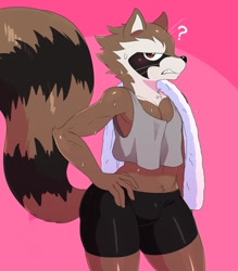 Size: 1122x1280 | Tagged: safe, artist:ss2sonic, rocket raccoon (marvel), alien, fictional species, mammal, procyonid, raccoon, anthro, guardians of the galaxy, marvel, bottomwear, bulge, clothes, exercise, fluff, hand on hip, looking at you, male, pubic fluff, question mark, scowl, shorts, solo, solo male, sweat, tail, tank top, topwear, towel, wide hips