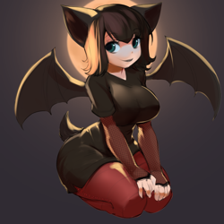 Size: 1100x1100 | Tagged: safe, artist:charmerpie, mavis dracula (hotel transylvania), animal humanoid, bat, fictional species, mammal, undead, vampire, vampire bat, humanoid, hotel transylvania, bat wings, bottomwear, brown hair, clothes, female, fishnet armwear, hair, kneeling, looking at you, mature, mature female, moon, pants, shirt, smiling, solo, solo female, teal eyes, topwear, webbed wings, wings
