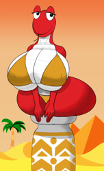 Size: 776x1280 | Tagged: suggestive, artist:herroverdober, cobrat, fictional species, reptile, snake, anthro, mario (series), nintendo, bedroom eyes, bikini, bikini bottom, bikini top, breasts, clothes, desert, female, forked tongue, huge breasts, jar, looking at you, nipple outline, outdoors, palm tree, pyramid, sand, sky, smiling, solo, solo female, stuck, swimsuit, thick thighs, thighs, tongue, tongue out, tree, wide hips