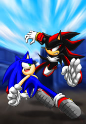 Size: 903x1300 | Tagged: safe, artist:maruringo, shadow the hedgehog (sonic), sonic the hedgehog (sonic), hedgehog, mammal, anthro, sega, sonic the hedgehog (series), 2007, duo, duo male, green eyes, male, males only, quills, red eyes