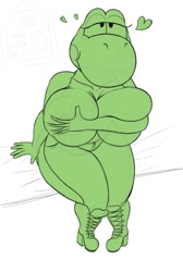 Size: 709x1058 | Tagged: suggestive, artist:herroverdober, yoshi (mario), fictional species, yoshi (species), anthro, plantigrade anthro, mario (series), nintendo, anthrofied, bedroom eyes, big breasts, boots, bottomwear, breast squish, breasts, clothes, covering, covering breasts, female, heart, high angle, looking at you, looking up, looking up at you, love heart, monochrome, nudity, pants, partial nudity, shoes, sign, sitting, smiling, solo, solo female, text, topless, vulgar