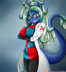 Size: 2400x2600 | Tagged: safe, artist:novaspark, android 21 (dragon ball), oc, oc only, oc:nova spark, equine, fictional species, mammal, monster pony, pony, tatzlpony, anthro, dragon ball (series), friendship is magic, hasbro, my little pony, alternate hairstyle, anthrofied, clothes, costume, ear piercing, earring, fangs, female, glasses, hair, high res, jewelry, lab coat, looking at you, piercing, sharp teeth, smiling, solo, solo female, teeth