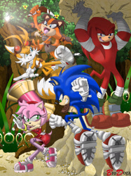 Size: 1234x1646 | Tagged: safe, artist:brodogz, amy rose (sonic), knuckles the echidna (sonic), miles "tails" prower (sonic), sonic the hedgehog (sonic), sticks the badger (sonic), badger, canine, echidna, fox, hedgehog, mammal, monotreme, mustelid, red fox, anthro, sega, sonic boom (series), sonic the hedgehog (series), 2014, cyan eyes, dipstick tail, female, fluff, green eyes, group, male, multiple tails, orange tail, purple eyes, quills, red tail, tail, tail fluff, two tails, white tail