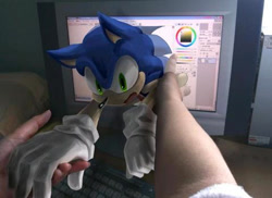 Size: 479x349 | Tagged: safe, artist:raseinn, sonic the hedgehog (sonic), hedgehog, human, mammal, anthro, sega, sonic the hedgehog (series), 2012, ambiguous gender, draw over, green eyes, irl, keyboard, low res, male, monitor, offscreen character, photo, photo background, quills