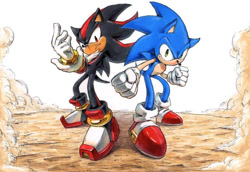 Size: 840x579 | Tagged: safe, artist:raseinn, shadow the hedgehog (sonic), sonic the hedgehog (sonic), hedgehog, mammal, anthro, sega, sonic the hedgehog (series), 2012, duo, duo male, male, males only, quills