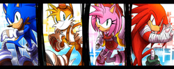 Size: 2718x1088 | Tagged: safe, artist:omiza-zu, amy rose (sonic), knuckles the echidna (sonic), miles "tails" prower (sonic), sonic the hedgehog (sonic), canine, echidna, fox, hedgehog, mammal, monotreme, red fox, anthro, sega, sonic boom (series), sonic the hedgehog (series), 2015, cyan eyes, dipstick tail, female, fluff, green eyes, group, male, multiple tails, orange tail, purple eyes, quills, red tail, tail, tail fluff, two tails, white tail