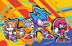 Size: 1280x828 | Tagged: safe, artist:ziggyfin, classic knuckles, classic sonic, classic tails, knuckles the echidna (sonic), miles "tails" prower (sonic), sonic the hedgehog (sonic), canine, echidna, fox, hedgehog, mammal, monotreme, red fox, anthro, sega, sonic mania, sonic the hedgehog (series), 2017, black eyes, dipstick tail, fluff, group, male, males only, multiple tails, orange tail, quills, red tail, tail, tail fluff, team sonic (sonic), trio, trio male, two tails, white tail