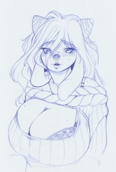 Size: 1060x1570 | Tagged: safe, artist:longinius, bovid, cattle, cow, mammal, anthro, breasts, bust, cleavage, clothes, female, huge breasts, nose piercing, nose ring, piercing, solo, solo female, sweater, topwear, traditional art