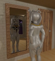 Size: 850x940 | Tagged: suggestive, artist:ocsda, asriel dreemurr (undertale), bovid, goat, mammal, anthro, undertale, 3d, asriel dreemurr (god form), barbie doll anatomy, black marking, blender, butt, chest marking, clothing aside, door, dressing room, ears down, featureless chest, featureless crotch, fur, hand on thigh, horns, jewelry, looking at mirror, male, mirror, necklace, nippleless, nudity, solo, solo male, thighs, white body, white fur