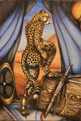 Size: 821x1224 | Tagged: safe, artist:teiirka, big cat, cheetah, feline, mammal, anthro, ears, fur, male, nudity, shield, solo, solo male, spotted fur, sword, tail, traditional art, weapon