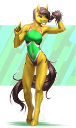 Size: 2850x4750 | Tagged: safe, artist:mykegreywolf, oc, oc only, oc:archer (striker1959), equine, mammal, pony, anthro, unguligrade anthro, hasbro, my little pony, 5 fingers, abstract background, anthrofied, black hair, black tail, clothes, cutie mark, elbow fluff, eyebrows, eyelashes, female, fluff, fur, green eyes, hair, hair grab, hooves, leg fluff, legs, one-piece swimsuit, open mouth, open smile, smiling, solo, solo female, standing, swimsuit, tail, teeth, thighs, thong swimsuit, yellow body, yellow fur