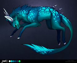 Size: 900x736 | Tagged: safe, artist:falvie, cervid, dragon, fictional species, furred dragon, hybrid, mammal, feral, female, simple background, solo, solo female