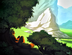Size: 900x695 | Tagged: safe, artist:falvie, canine, dog, mammal, anthro, male, mountain, scenery, solo, solo male, tree