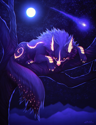 Size: 600x776 | Tagged: safe, artist:falvie, canine, mammal, wolf, feral, ambiguous gender, lying down, lying on stomach, moon, night, night sky, prone, sceyery, sky, solo, solo ambiguous, tree