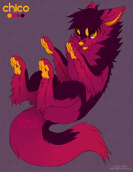 Size: 600x777 | Tagged: safe, artist:falvie, oc, oc only, oc:chico (falvie), canine, dog, fionbri, mammal, feral, 2014, ambiguous gender, beanbrows, ears laid back, fluff, fur, leg fluff, paw pads, paws, red body, red fur, simple background, slit pupils, solo, solo ambiguous, tail, tongue, tongue out, two toned body, underpaw, yellow eyes