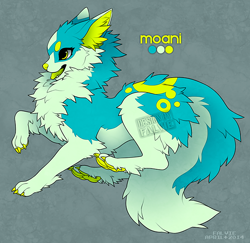 Size: 650x633 | Tagged: safe, artist:falvie, oc, oc:moani, canine, dog, fionbri, mammal, feral, 2014, beanbrows, blue body, blue fur, claws, female, fur, paw pads, paws, quadrupedal, simple background, solo, solo female, spotted fur, tail, tongue, tongue out, underpaw, watermark