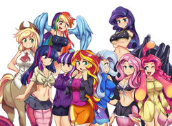 Size: 1486x1085 | Tagged: safe, artist:freedomthai, applejack (mlp), centorea shianus (monster musume), fluttershy (mlp), meroune lorelei (monster musume), miia (monster musume), papi (monster musume), pinkie pie (mlp), rachnera arachnera (monster musume), rainbow dash (mlp), rarity (mlp), starlight glimmer (mlp), sunset shimmer (mlp), suu (monster musume), trixie (mlp), twilight sparkle (mlp), animal humanoid, arachnid, arthropod, bird, centaur, equine, fictional species, fish, harpy, human, mammal, mermaid, reptile, slime humanoid, snake, spider, humanoid, lamia, taur, equestria girls, friendship is magic, hasbro, monster musume, my little pony, arachne, arms under breasts, belly button, big breasts, bottomwear, breasts, cleavage, clothes, coat, crossover, drider, feathered wings, feathers, female, females only, flying, frowning, glistening, glistening clothing, grin, group, hair accessory, humanized, looking at each other, looking back, midriff, neckerchief, necktie, one eye closed, open mouth, open smile, pointy ears, shirt, simple background, skirt, slime, smiling, species swap, sweat, sweatdrop, tail, topwear, wide eyes, winged arms, wings, winking