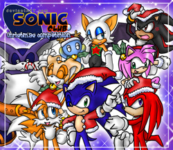 Size: 750x650 | Tagged: safe, artist:sonic-club, amy rose (sonic), big the cat (sonic), cheese (sonic), cream the rabbit (sonic), knuckles the echidna (sonic), miles "tails" prower (sonic), rouge the bat (sonic), shadow the hedgehog (sonic), sonic the hedgehog (sonic), bat, canine, cat, chao, echidna, feline, fictional species, fox, hedgehog, lagomorph, mammal, monotreme, rabbit, red fox, anthro, plantigrade anthro, semi-anthro, sega, sonic the hedgehog (series), 2003, candy cane, christmas, clothes, costume, cyan eyes, dipstick tail, eyes closed, fake antlers, female, fluff, green eyes, group, hat, holiday, large group, male, multiple tails, one eye closed, orange tail, purple eyes, quills, red eyes, red tail, santa costume, santa hat, tail, tail fluff, two tails, white tail, winking