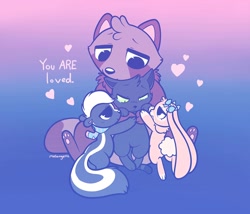 Size: 1200x1028 | Tagged: safe, artist:melangetic, cat, feline, lagomorph, mammal, procyonid, rabbit, raccoon, skunk, feral, 2d, ambiguous gender, black body, black fur, bow, clothes, crying, cute, featured image, fur, heart, hug, love, love heart, paw pads, paws, petting, pink body, pink fur, purple body, purple fur, ribbon, scarf, smiling, socks, white body, white fur, wholesome