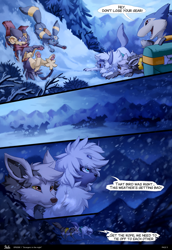 Size: 1280x1857 | Tagged: safe, artist:hioshiru, artist:kejifox, oc, oc only, oc:breanna (9tales), oc:kalani (9tales), oc:lumen (9tales), oc:roy (9tales), oc:sam (9tales), absol, bird, eeveelution, fictional species, luxray, mammal, mightyena, typhlosion, umbreon, feral, 9tales comic, comic:9tales, comic:9tales episode 1, nintendo, pokémon, 2019, black body, black fur, blue body, blue fur, butt, clothes, colored sclera, comic, conifer tree, dialogue, digital art, explicit source, eye through hair, fangs, female, fur, gray body, gray fur, group, hair, legs in air, long ears, lying down, male, mountain range, on back, one eye closed, open mouth, orange eyes, outdoors, paw pads, paws, saddle bag, scarf, sharp teeth, silhouette, sliding, snow, snowfall, speech bubble, starter pokémon, tail, talking, tan body, tan fur, teal eyes, teeth, tongue, tree, underpaw, white hair, winter, yellow body, yellow fur, yellow sclera
