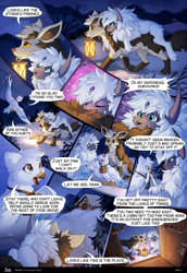 Size: 1280x1857 | Tagged: safe, artist:hioshiru, artist:kejifox, oc, oc only, oc:breanna (9tales), oc:glacie (9tales), oc:sam (9tales), absol, bird, canine, fictional species, mammal, mightyena, wingull, feral, 9tales comic, comic:9tales, comic:9tales episode 2, nintendo, pokémon, 2020, bag, bandage, beak, black body, black fur, blue feathers, bruised, building, cabin, carrying, claws, colored sclera, comic, explicit source, eye through hair, feathered wings, feathers, female, fluff, flying, front view, fur, gray body, group, hair, happy, high angle, holding, lamp, looking up, mountain range, mouth hold, open door, open mouth, orange eyes, outdoors, paw pads, paws, profile, rear view, riding, riding on back, shouting, side view, sitting, snow, speech bubble, spread wings, tail, tail fluff, talking, tan body, tan fur, teal eyes, three-quarter view, tongue, tree, trio, walking, white feathers, white hair, wings, yellow sclera