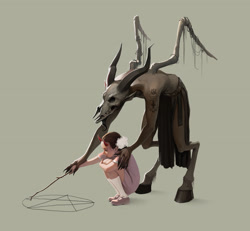 Size: 2959x2731 | Tagged: safe, artist:glooh, demon, fictional species, human, mammal, 666, beard, bone, bottomwear, child, clothes, devil horns, duo, female, gray background, hand on shoulder, high res, holding, holding hands, holding object, hooves, horns, loincloth, male, partial nudity, pentagram, pointy ears, satan, shoes, simple background, skull, socks, squatting, stick, summoning circle, tattoo, topless, wings, young