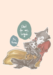 Size: 595x842 | Tagged: safe, artist:be-a-stars, leano (beastars), legoshi (beastars), canine, hybrid, komodo dragon, lizard, mammal, monitor lizard, reptile, wolf, anthro, beastars, bottomwear, child, claws, clothes, dialogue, duo, eyes closed, female, hug, male, mother, mother and child, mother and son, pants, shirt, sitting, skirt, smiling, son, speech bubble, talking, tan background, topwear, young