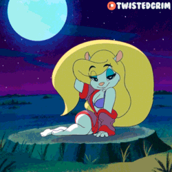 Size: 600x600 | Tagged: suggestive, artist:twistedgrimtv, minerva mink (animaniacs), mammal, mink, mustelid, anthro, animaniacs, warner brothers, 1:1, 2020, 2d, 2d animation, animated, bathrobe, big breasts, blonde hair, bra, breasts, clothes, clothing slip, digital art, feet, female, frame by frame, gif, hair, hand behind head, lidded eyes, long hair, looking at you, moon, night, night sky, outdoors, pose, seductive, seductive look, seductive pose, sitting, sky, smiling, smiling at you, solo, solo female, tail, turn around, underwear