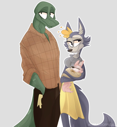 Size: 1100x1190 | Tagged: safe, artist:creamyofficial, gosha (beastars), leano (beastars), toki (beastars), canine, hybrid, komodo dragon, lizard, mammal, monitor lizard, reptile, wolf, anthro, beastars, spoiler:beastars, baby, bottomwear, breasts, carrying, clothes, couple, daughter, eyes closed, family, father, father and child, father and daughter, female, flower, flower in hair, gray background, group, hair, hair accessory, hands in pockets, interspecies, male, male/female, mother, mother and daughter, pacifier, pants, parents, shirt, signature, simple background, skirt, topwear, trio, young