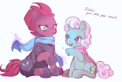 Size: 874x591 | Tagged: safe, artist:yakieringi014, glitter drops (mlp), tempest shadow (mlp), equine, fictional species, mammal, pony, unicorn, feral, friendship is magic, hasbro, my little pony, my little pony: the movie, armor, blushing, broken horn, clothes, cute, cutie mark, dialogue, duo, duo female, eye scar, eyelashes, female, female/female, glittershadow (mlp), hair, hoof shoes, hooves, horn, magic, mare, pink hair, raised hoof, scar, scarf, shipping, simple background, sitting, tail, talking, teal eyes, telekinesis, unamused, white background