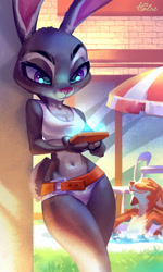 Size: 1152x1920 | Tagged: dead source, safe, artist:holivi, judy hopps (zootopia), nick wilde (zootopia), canine, fox, lagomorph, mammal, rabbit, anthro, disney, zootopia, against wall, belly button, belt, bra, breasts, cleavage, clothes, duo, female, female focus, floppy ears, fur, grass, gray body, gray fur, hot tub, leaning against something, long ears, male, orange body, orange fur, outdoors, partially submerged, purple eyes, solo focus, swimsuit, tablet, underwear, water, white body, white fur