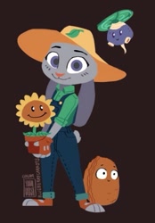 Size: 329x473 | Tagged: safe, artist:haimsadst, artist:literallblue, judy hopps (zootopia), animate plant, fictional species, lagomorph, mammal, rabbit, rotobaga, sunflower (pvz), wall-nut, anthro, plantigrade anthro, disney, plants vs zombies, popcap games, zootopia, ambiguous gender, brown background, clothes, crossover, cute, eyebrows, female, female focus, flower, fur, gray body, gray fur, grin, group, hamburger, hat, lineless, looking at you, low res, overalls, plant, purple eyes, simple background, smiling, smiling at you, solo focus, sunflower