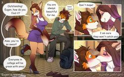 Size: 900x562 | Tagged: safe, artist:iskra, oc, oc only, oc x oc, canine, fox, mammal, anthro, comic:eugen's reward, anthro/anthro, breasts, brown body, brown fur, brown hair, cleavage, clothes, comic, duo, female, fur, hair, high heels, kissing, male, male/female, orange body, orange fur, shipping, shoes, sneakers, tan body, tan fur, vixen, white body, white fur